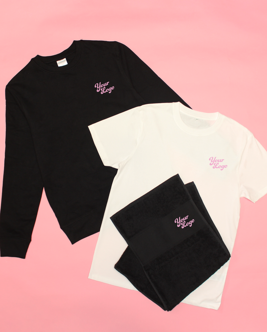 custom branded clothing and accessory bundle for beauty industry including fairwear sweatshirt, organic cotton t-shirt and cotton makeup towel